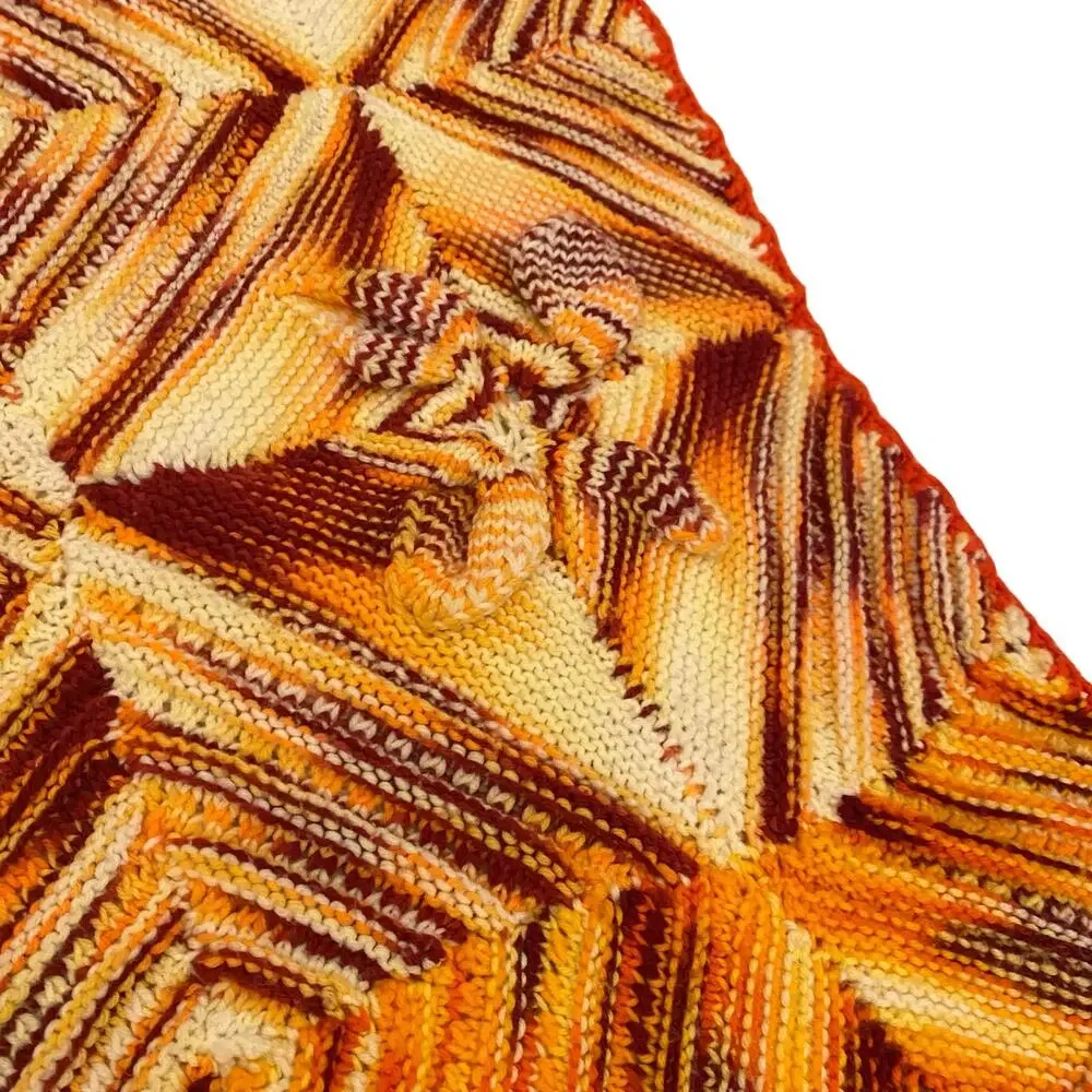 Handmade Knit Mitered Diamond Afghan Throw Blanket Gold Brown 63x58